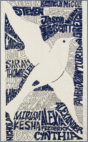 image of the center panel of the remembrance quilt. A Dove outlined by the victims names