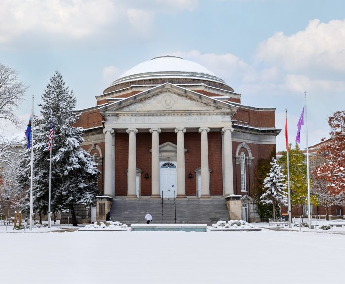 Hendricks Chapel covered in snow