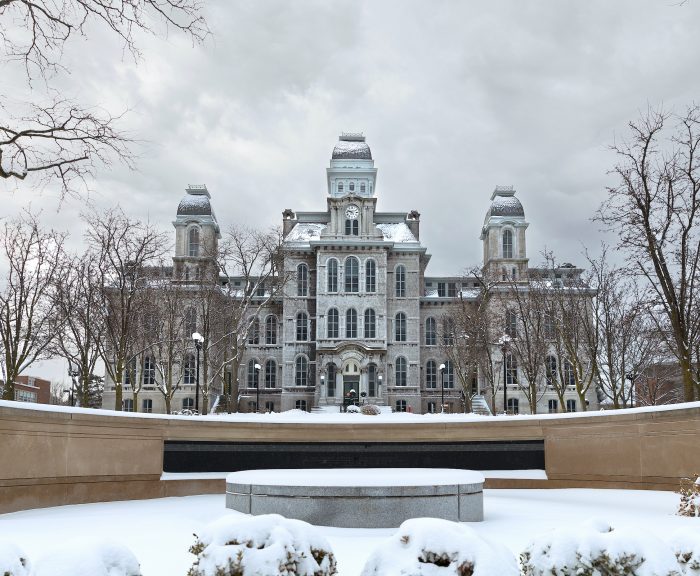 Hall of Languages and Place of Remembrance covered in snow